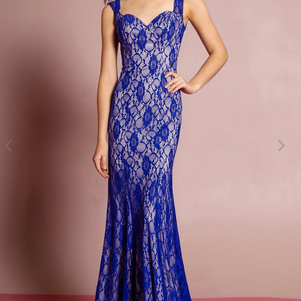 GLS Apparel Blue Contrast Lace Long Sleeveless Sheath Gown Evening Wear Wedding